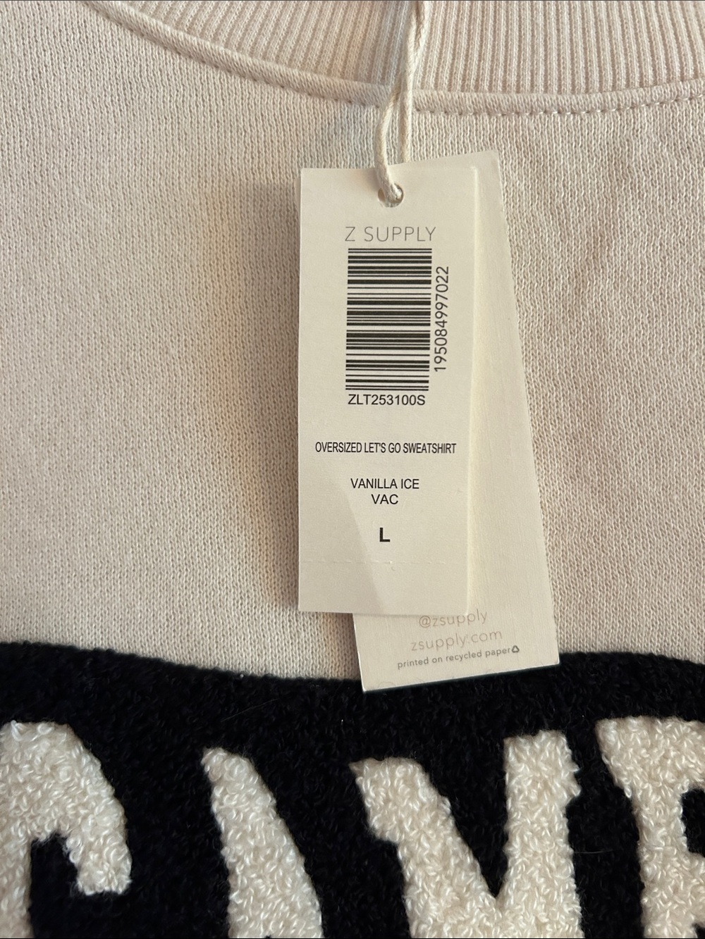NWT Z Supply Ivory Crewneck Sweatshirt with Black 'GAME DAY' Pennant, Size L - Picture 3 of 5